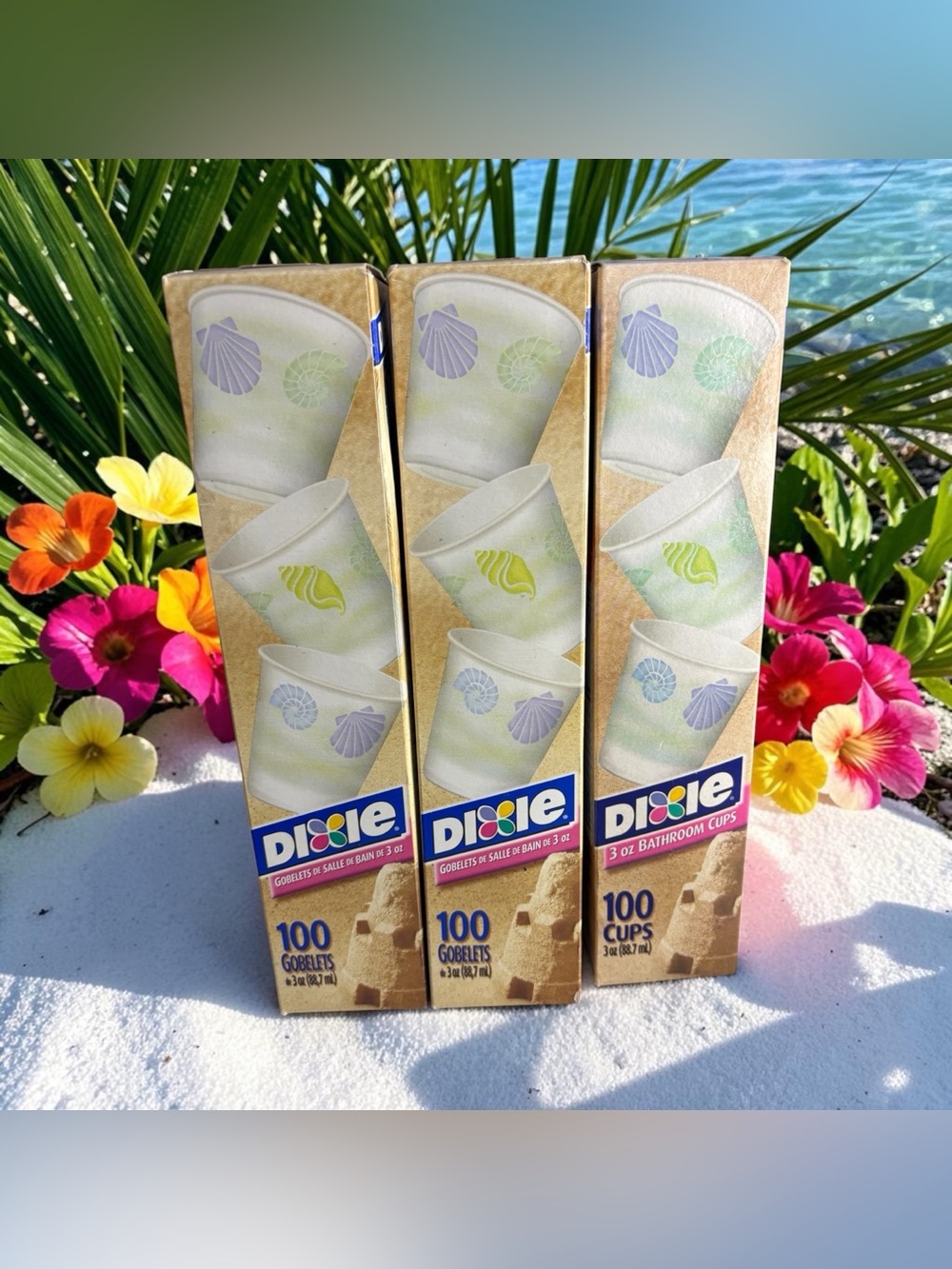 3 Boxes Dixie Seashell Bathroom Cups Goblets 3 Oz Cups- 100 Cups Per Box